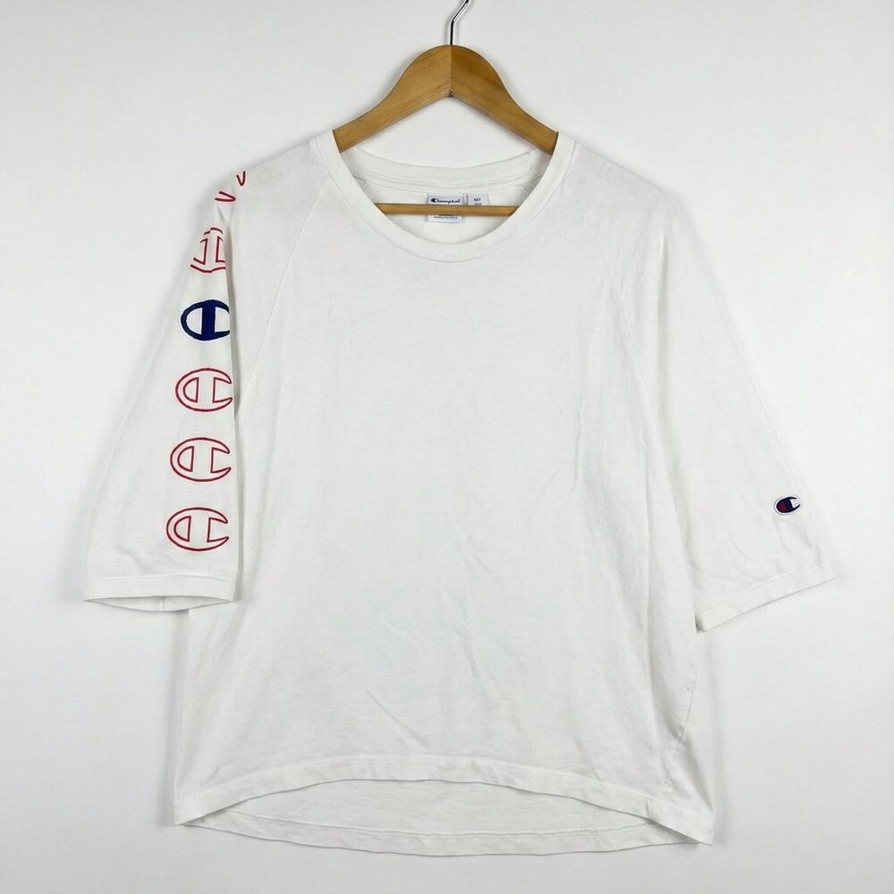 Champion Women's White T-Shirt 3/4 Sleeve Repeat Logo Cotton Size Large